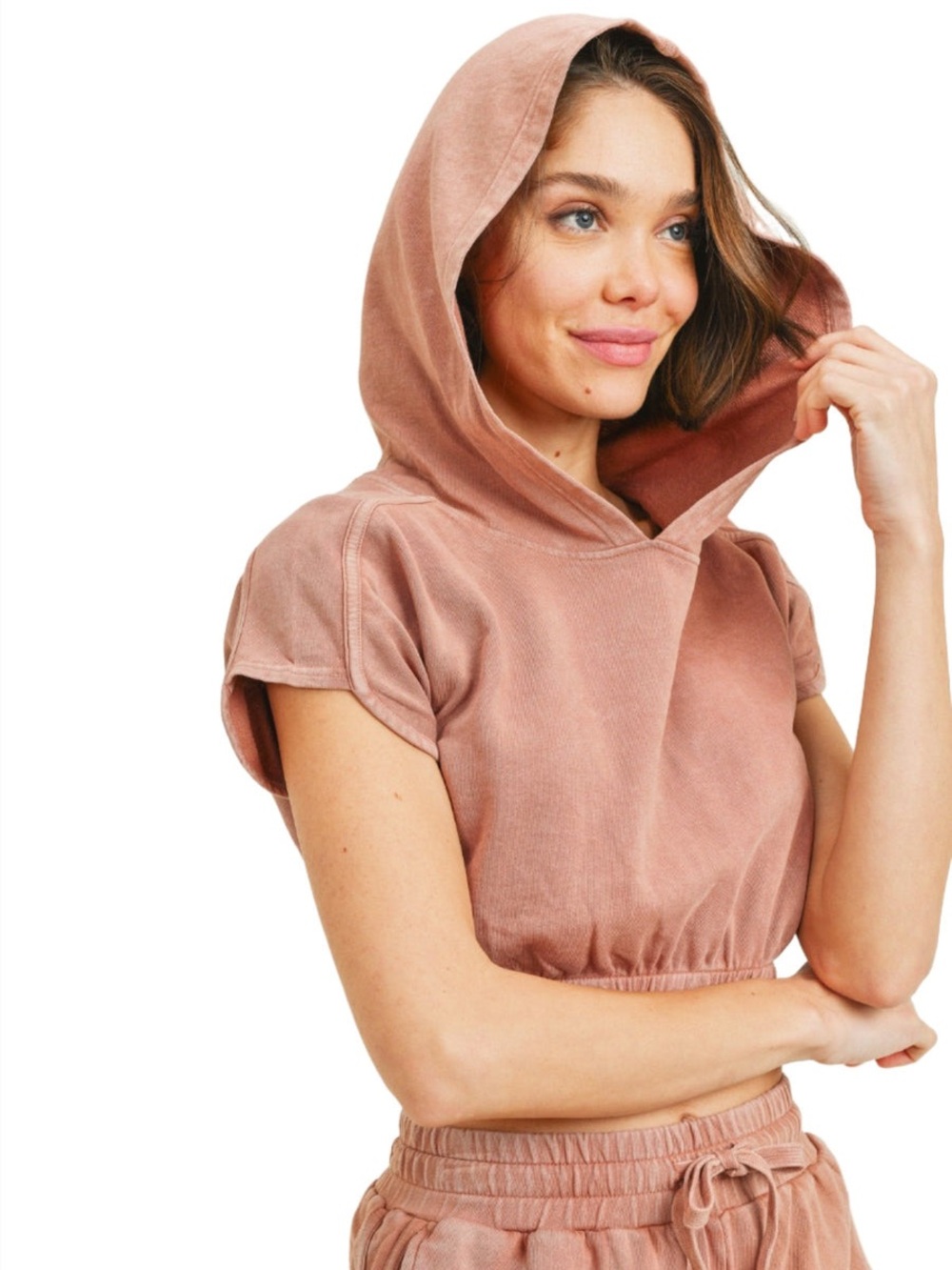 Mono B Rosewood Hooded Elastic Waist Crop Top Size L | EUC